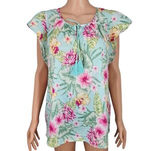 Land n Sea Womens‎ Green/Pink Cotton Tassel Floral Top Size L NWT